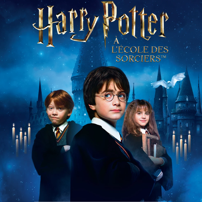 Harry Potter en premier plan, Hermione Granger et Ron Weasleuy en second plan font leur entré à Poudlard, l'école des sorciers (en troisième plan)