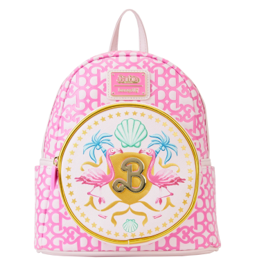 Sac à dos Barbie de face rose. Avec des palmiers et coquillages.
